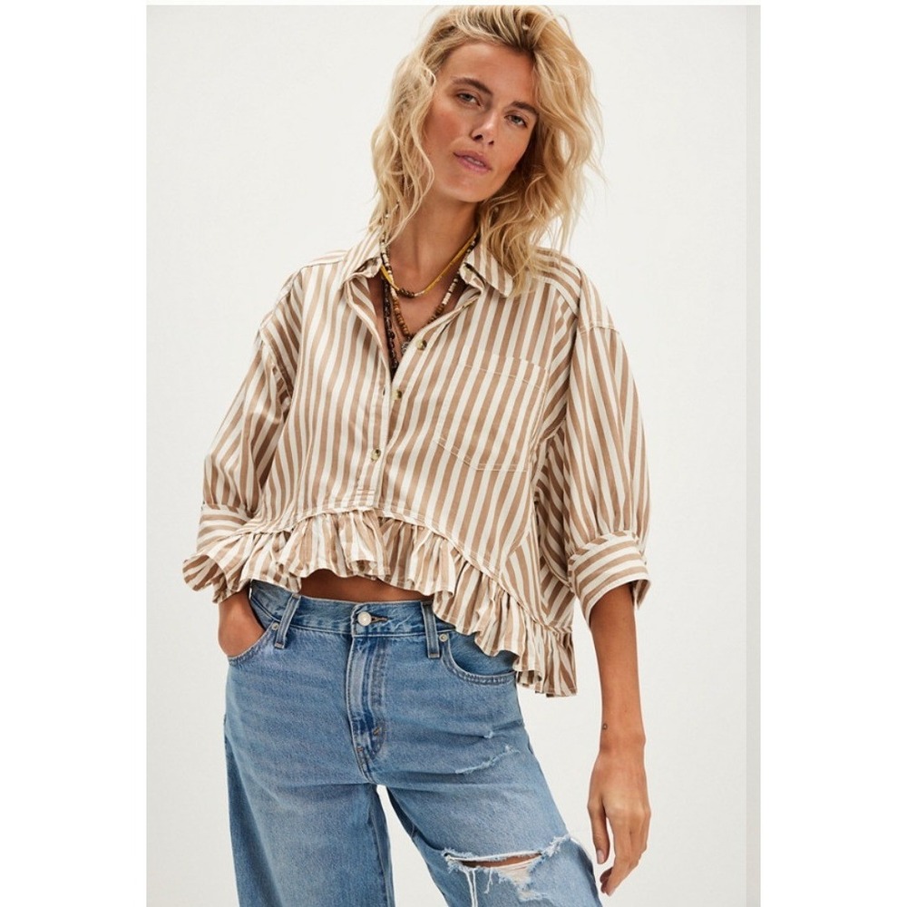 We The Free Free People Bailey Stripe Shirt Neutral Tan White Ruffle Cropped M